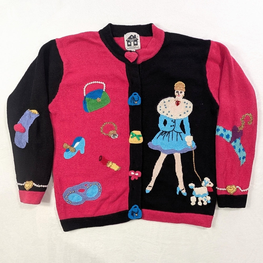 VTG Storybook Knits Pink‎ Embellished PoodleWhimsical Sweater Medium